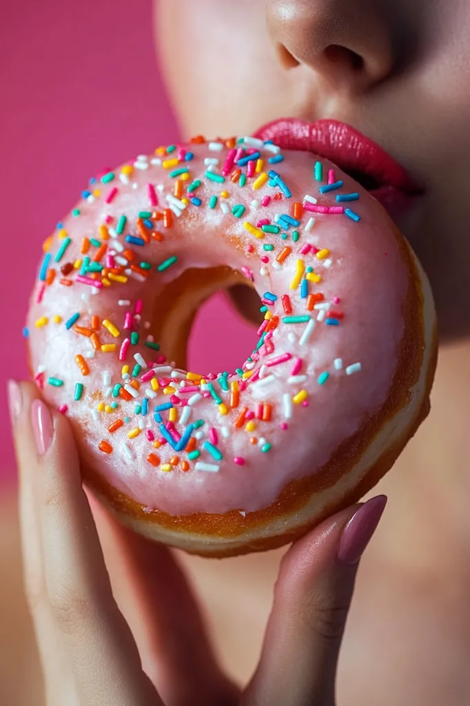 A close-up shot shows a woman delicately holding a pink donut generously covered in colorful sprinkles.  Her lips are slightly parted, suggesting she's about to take a bite. The vibrant pink background contrasts beautifully with the donut's pastel hue. The image evokes a sense of playful indulgence and sweetness.