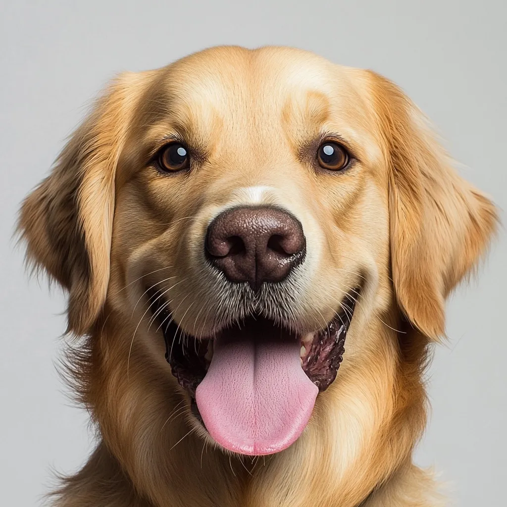 A golden retriever dog smiles warmly for the camera, its tongue playfully hanging out.  The dog's fur is a light golden color, and its eyes are soft and inviting.  The background is a simple, neutral gray, drawing all attention to the dog's friendly expression. The image is a close-up, capturing the dog's delightful features in detail.