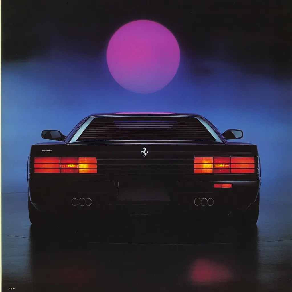 The rear view of a black Ferrari Testarossa is showcased against a vibrant backdrop.  A large, purplish-pink sun dominates the upper portion of the image, casting a dramatic glow.  The car's sleek design and illuminated taillights are emphasized, creating a striking, 1980s aesthetic. The scene is dark and moody, with the car's reflection visible on the glossy surface below.