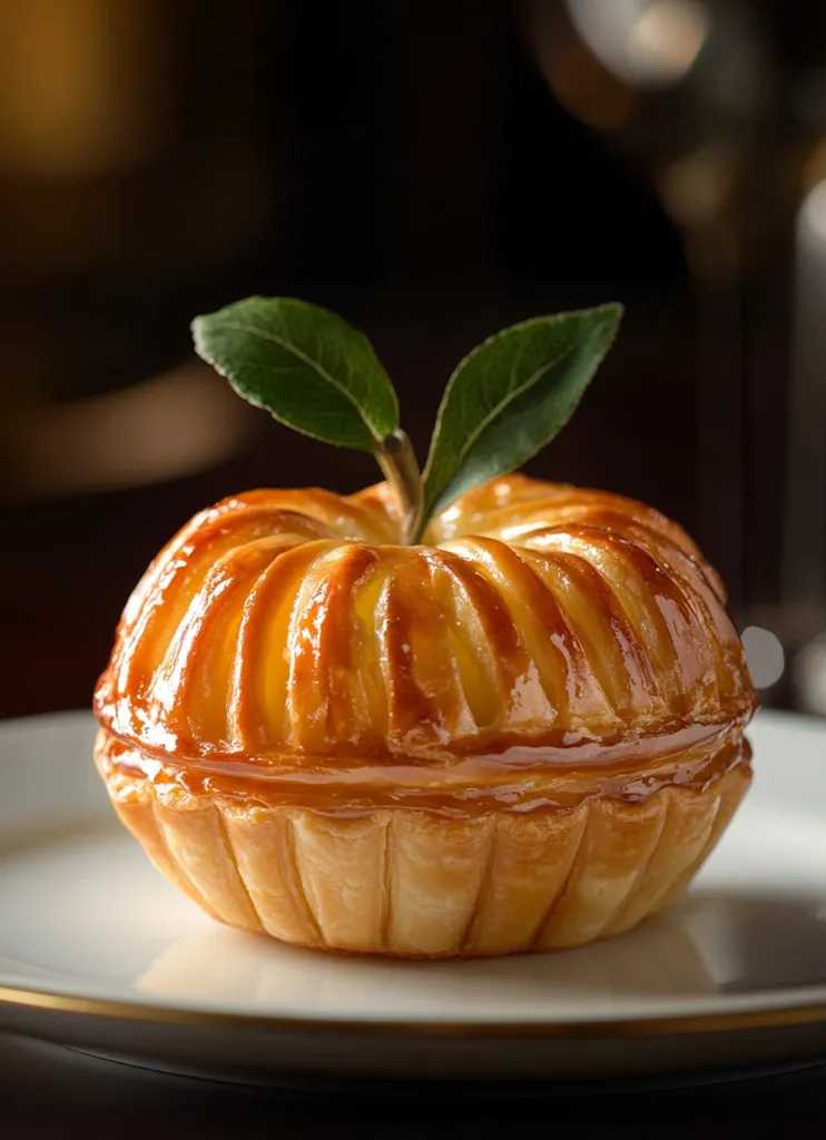 A delectable apple tart, shaped like an apple and adorned with a sprig of leaves, sits on a pristine white plate.  The pastry is golden brown and glistening, its lattice top revealing a hint of the apple filling within.  The background is subtly blurred, focusing attention on the exquisite detail and rich color of the dessert.  It appears professionally styled, possibly for a menu or culinary publication.