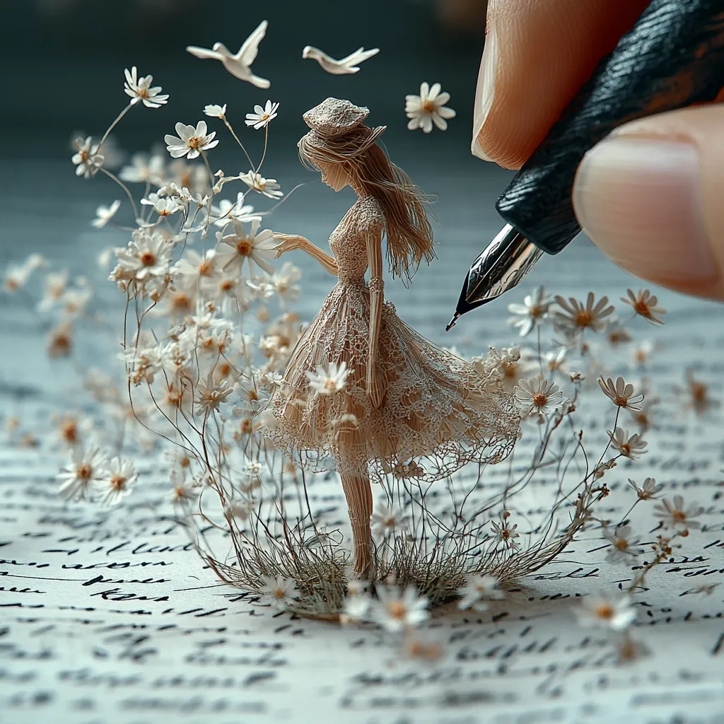 A miniature paper doll, crafted from delicate lace and straw, stands amidst a field of tiny white flowers on a page of handwritten script.  Two paper birds flutter nearby. A hand delicately holds a fountain pen, suggesting the creation of this whimsical scene, which is a testament to intricate artistry and imaginative storytelling. The overall mood is serene and ethereal.