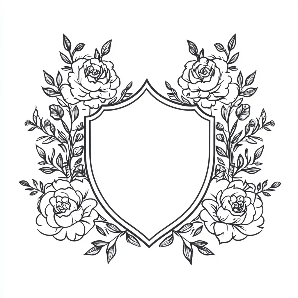 A black and white illustration features a heraldic shield framed by elaborate floral designs.  Roses and leafy branches symmetrically surround the central shield, creating a decorative border. The style is reminiscent of vintage botanical illustrations or crest designs, suitable for invitations, logos, or other formal applications.  The empty shield provides space for text or a monogram.