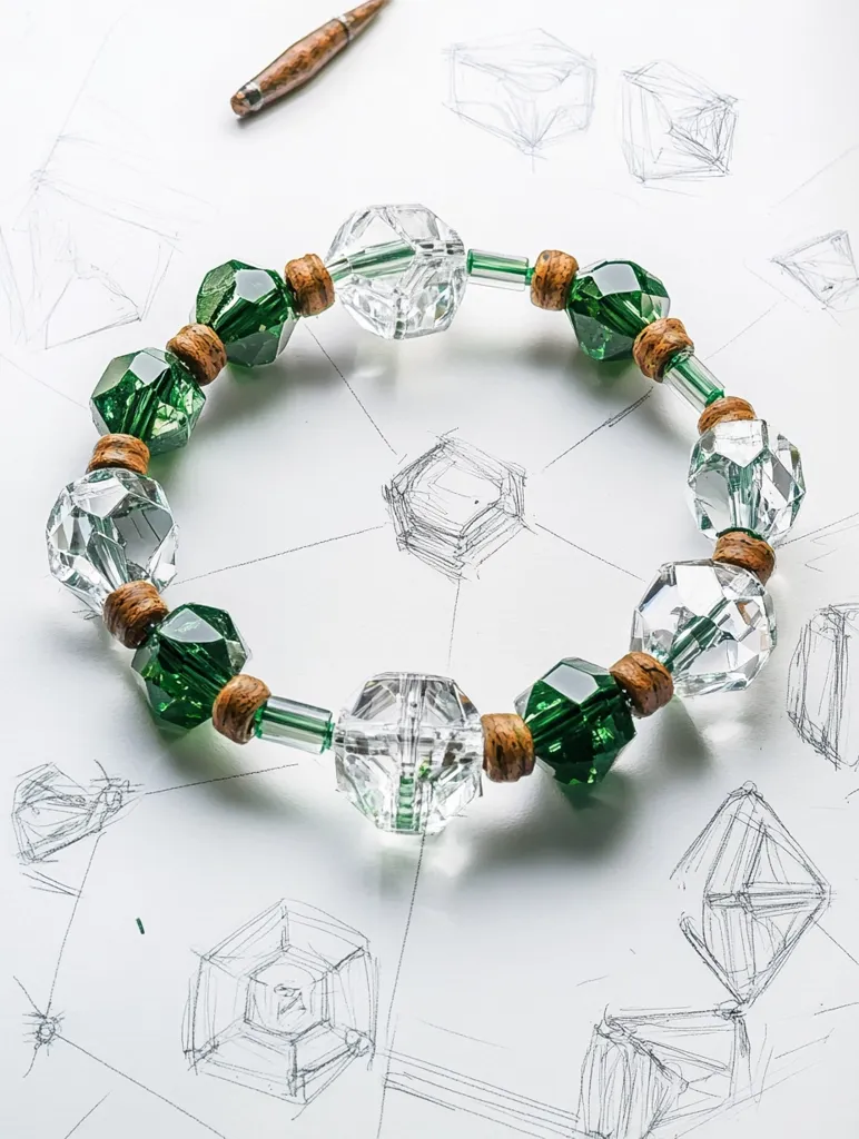 An elegant bracelet featuring faceted clear and green crystal beads interspersed with small wooden spacers rests on a page of jewelry design sketches.  The sketches depict various geometric gemstone shapes, suggesting the bracelet's design process. A wooden stylus lies nearby, implying the creation is still underway. The overall aesthetic is one of refined craftsmanship and artistic design.