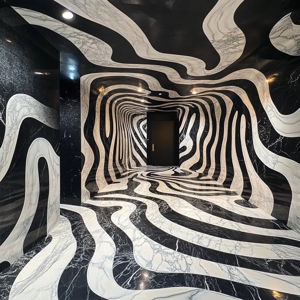 A hallway with mesmerizing black and white marble walls and floor creates a hypnotic, swirling effect.  The wavy patterns converge towards a dark doorway at the end, enhancing the illusion of depth and movement. The polished marble reflects light, adding to the overall dramatic and artistic ambiance. The design is strikingly modern and visually arresting.