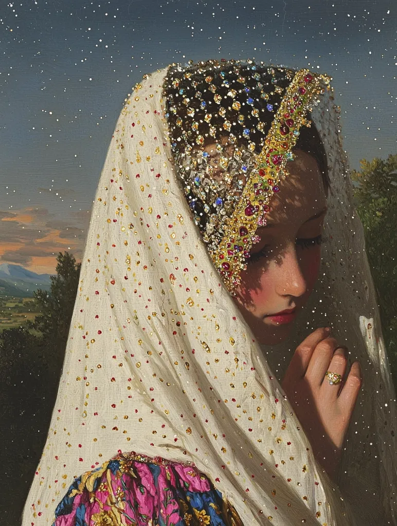 A young woman, veiled in an ornate, jeweled headdress and a shimmering, dotted veil, is depicted in the painting.  Her hands are clasped together, and her gaze is downward, creating a serene and contemplative mood. The background suggests a night scene with a starry sky and distant landscape, enhancing the mystical atmosphere.  The woman's attire is rich and detailed, hinting at a story of royalty or tradition.