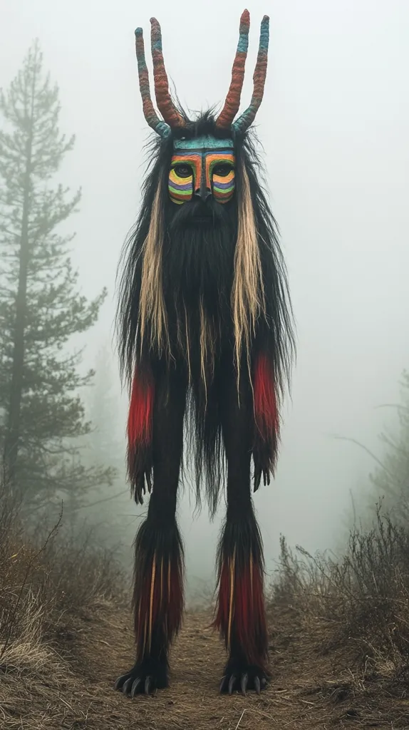 A full-length image of a figure in a striking costume. The costume features a mask with vibrant, geometric patterns and long, dark hair.  The figure's attire is predominantly black, with red accents on its lower legs and arms.  Tall, antler-like protrusions extend from the headpiece.  The figure stands on a path in a misty, wooded area.