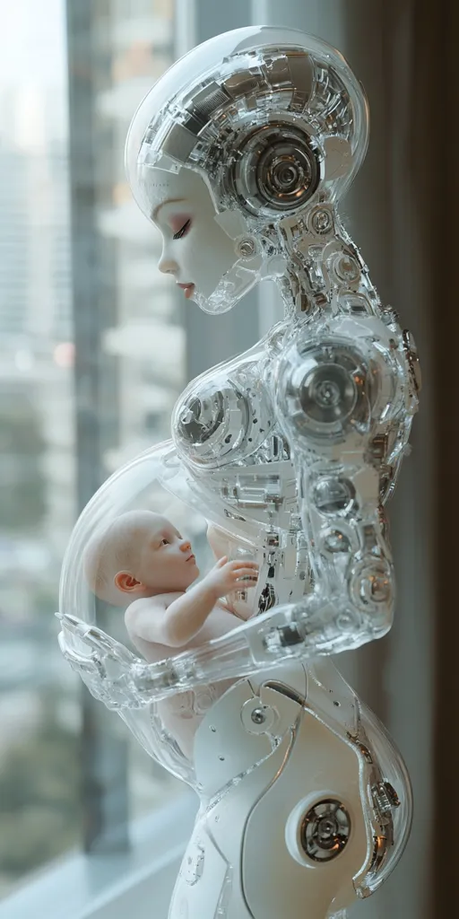 A translucent robotic woman, with visible internal mechanisms, gently cradles a baby in a protective, clear pod.  The robot's face is delicately feminine, contrasting with its mechanical body.  The scene evokes a futuristic vision of motherhood and technological advancement, set against a blurred city backdrop. The image's overall tone is serene and thought-provoking.