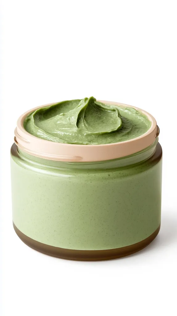 A jar of pale green facial cream or mask sits on a white background. The cream is thick and creamy, with swirls visible on the surface. The jar is simple and understated, with a light beige lid and a darker green base.  The overall presentation suggests a natural or organic product.