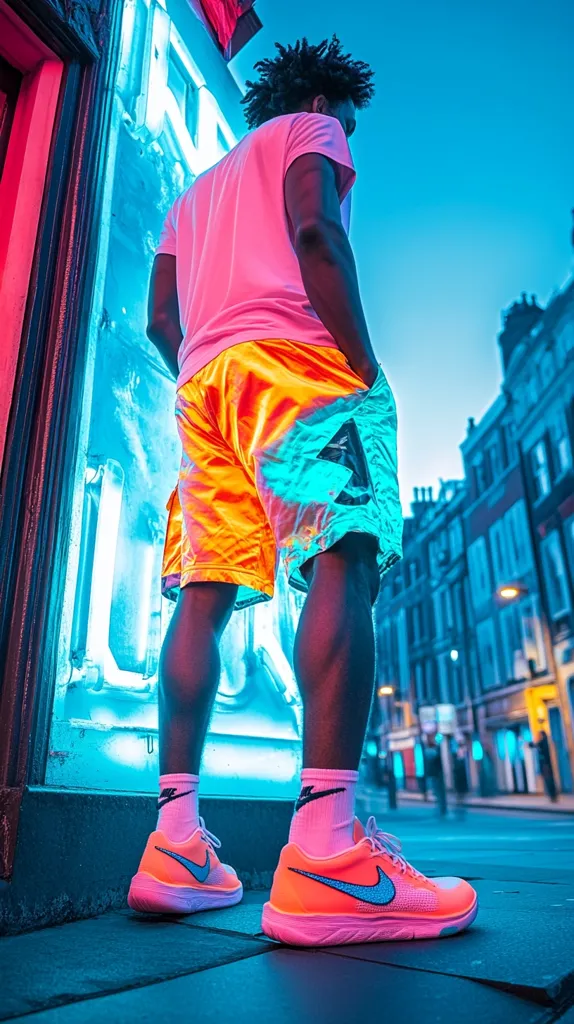 A person, seen from behind, stands against a vibrant blue neon sign. They are wearing a pink shirt, iridescent orange shorts, and bright pink and orange Nike sneakers. The urban setting is bathed in neon light, creating a striking contrast against the dark evening sky.  The scene exudes a trendy, energetic vibe.