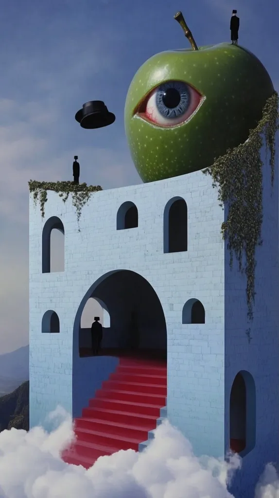 Surreal artwork depicts a light-blue castle-like structure perched on clouds. A giant green apple with a human eye dominates the scene, atop the castle.  Small, silhouetted figures in hats stand on the castle and apple.  A red carpeted staircase leads into the castle's arched entrance. The background suggests a mountainous landscape, enhancing the dreamlike quality of the image.