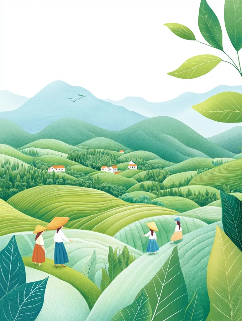 A serene illustration depicts rolling green hills and a quaint village nestled within.  Three women in conical hats stroll across the landscape, their figures small against the expansive vista. Lush green leaves frame the scene, adding to the peaceful and idyllic atmosphere.  Soft blue mountains rise in the background under a clear, bright sky.  The overall style is calming and whimsical.