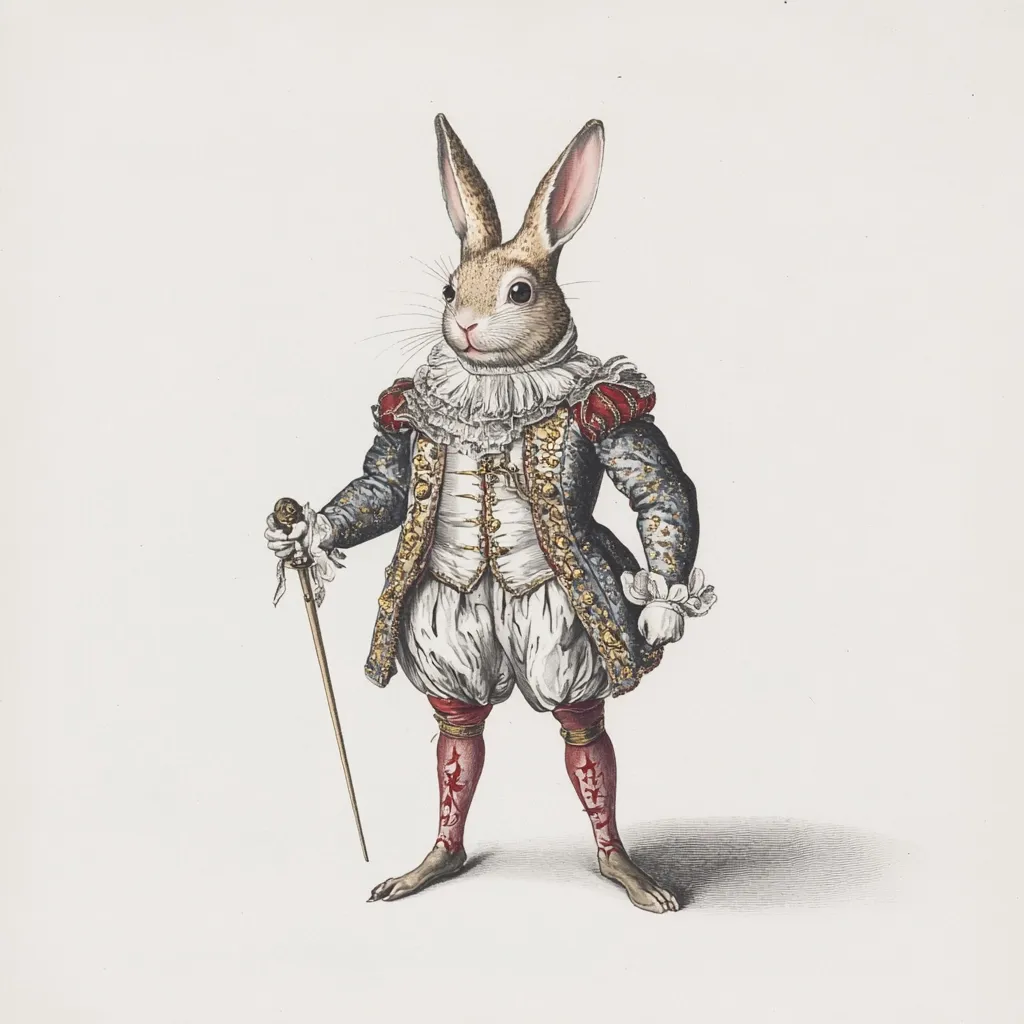 A whimsical illustration depicts a rabbit dressed in elaborate 17th-century attire.  The rabbit, standing upright, wears a gray-blue coat adorned with gold detailing, a ruffled white collar, red breeches, and matching stockings. It holds a slender cane.  The style suggests a playful anthropomorphism, blending animal and human characteristics. The artwork displays fine detail and coloring, reminiscent of antique prints.