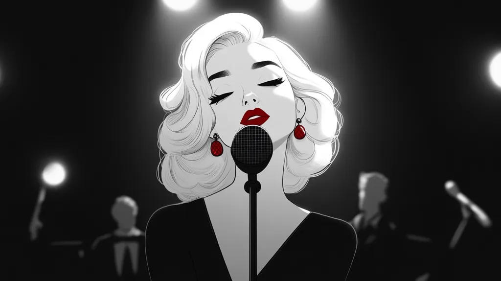 A stylized black and white illustration of a woman with voluminous blonde hair, singing into a microphone.  She wears a black dress and red earrings, her eyes closed in concentration. The background is dark, with blurry figures of a band and bright stage lights. The overall style is reminiscent of classic Hollywood glamour.