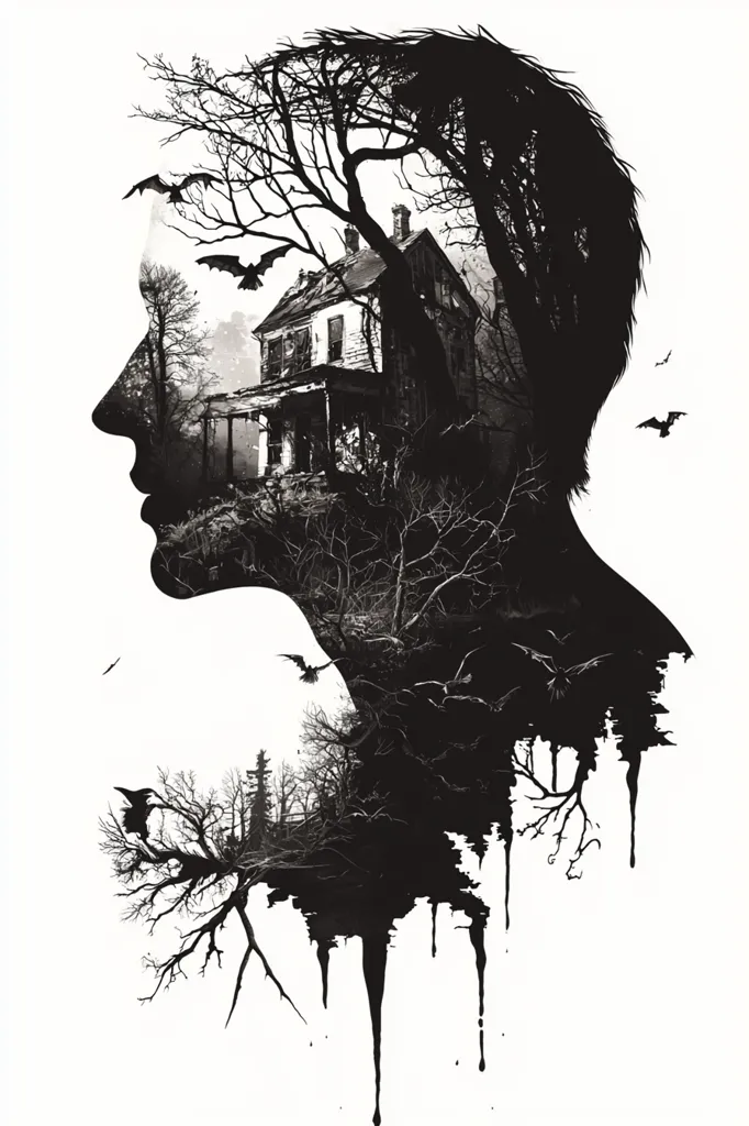 A monochromatic illustration depicts a human profile, its form seamlessly blending with a decaying house nestled within a dark, brooding forest.  Bats and birds flit amidst bare, skeletal trees.  The style evokes a haunting, melancholic atmosphere, suggesting inner turmoil or a troubled past, symbolized by the decaying landscape within the figure's silhouette.  Ink drips from the bottom, adding to the overall sense of unease.