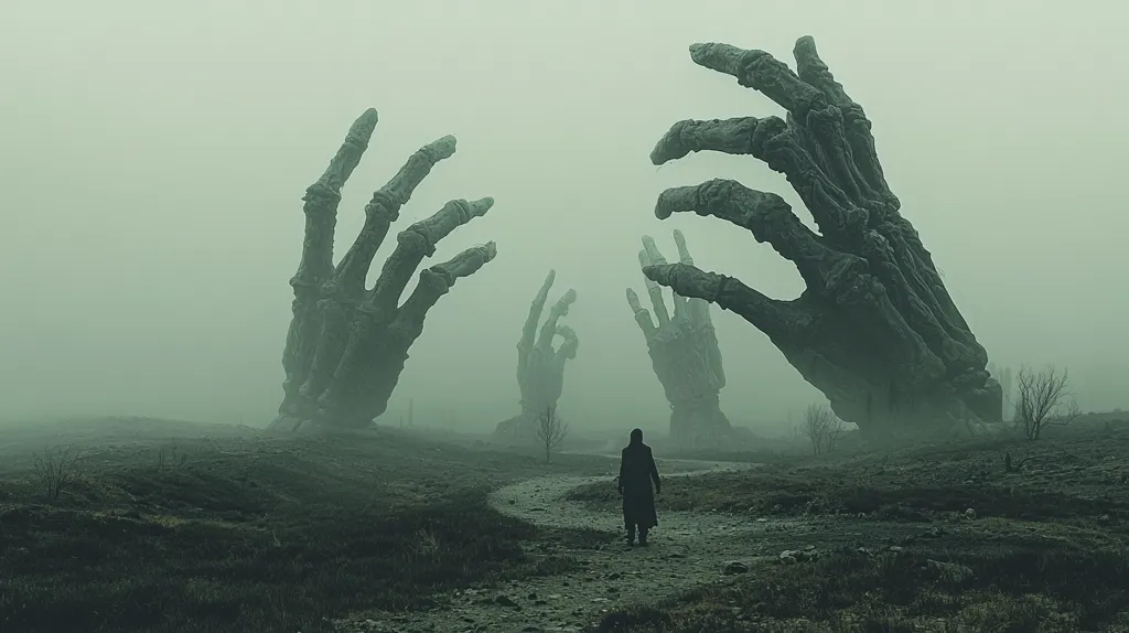 A lone figure walks a desolate path towards colossal, skeletal hands that pierce a thick fog.  The hands, seemingly petrified and immense, dominate the eerie landscape, creating an atmosphere of mystery and dread.  The muted green tones and the dense fog enhance the overall sense of desolation and otherworldliness. The scene evokes a feeling of isolation and impending doom.