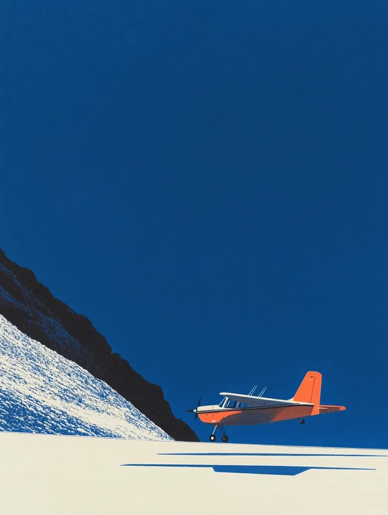 A vibrant orange and white small airplane sits on a snow-covered, mountainous landscape.  The plane is positioned near a dark mountainside, contrasting sharply against the bright white snow and deep blue sky.  The scene is minimalist, emphasizing the aircraft's striking color and its setting. The stark contrast of colors and the simple composition create a striking visual impact.