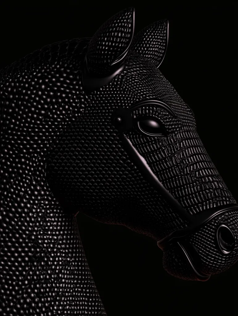 A close-up reveals a meticulously crafted black horse head sculpture.  The surface exhibits a textured, almost reptilian, pattern.  The horse's head is subtly angled, with a bridle detail adding to its elegance. The dark background enhances the sculpture's dramatic form, highlighting the intricate detail and deep black color.  The image is stark, stylish, and powerfully evocative.