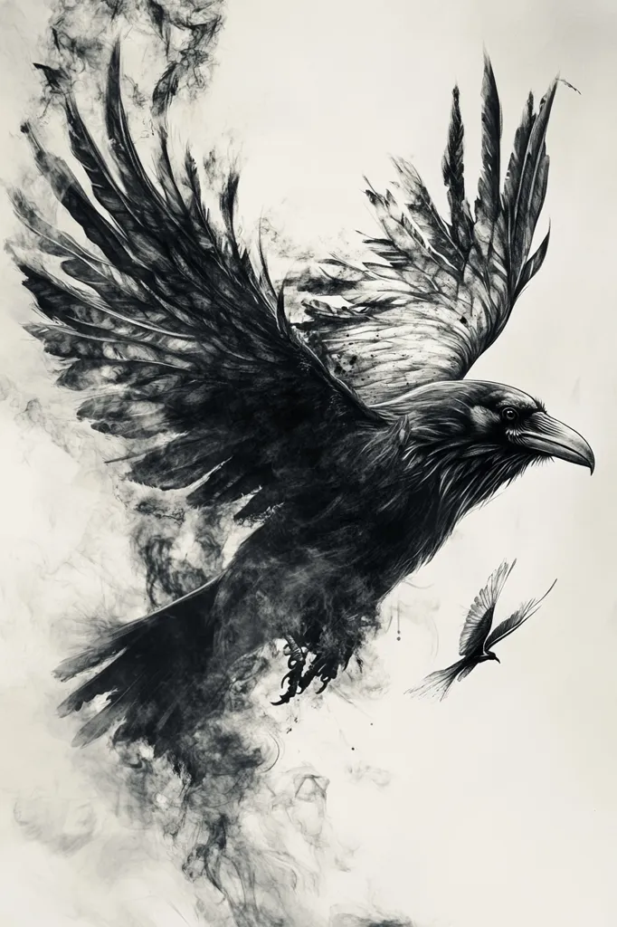 A dramatic black and white illustration depicts a large raven in flight, its wings spread wide against a smoky, ethereal background.  Intricate detail showcases each feather, while the overall effect is one of power and mystery. A smaller bird is visible near the raven, adding to the sense of movement and scale. The artwork utilizes shading and texture to create depth and atmosphere.