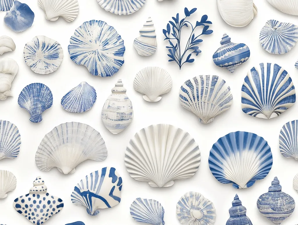 A collection of seashells in varying shades of blue and white are arranged against a white background.  The shells are diverse in shape and size, ranging from scallops to spiral shells, and feature delicate, painted designs. The arrangement suggests a beach-themed pattern, perfect for wallpaper or fabric design.  A sprig of stylized seaweed adds a touch of nature.