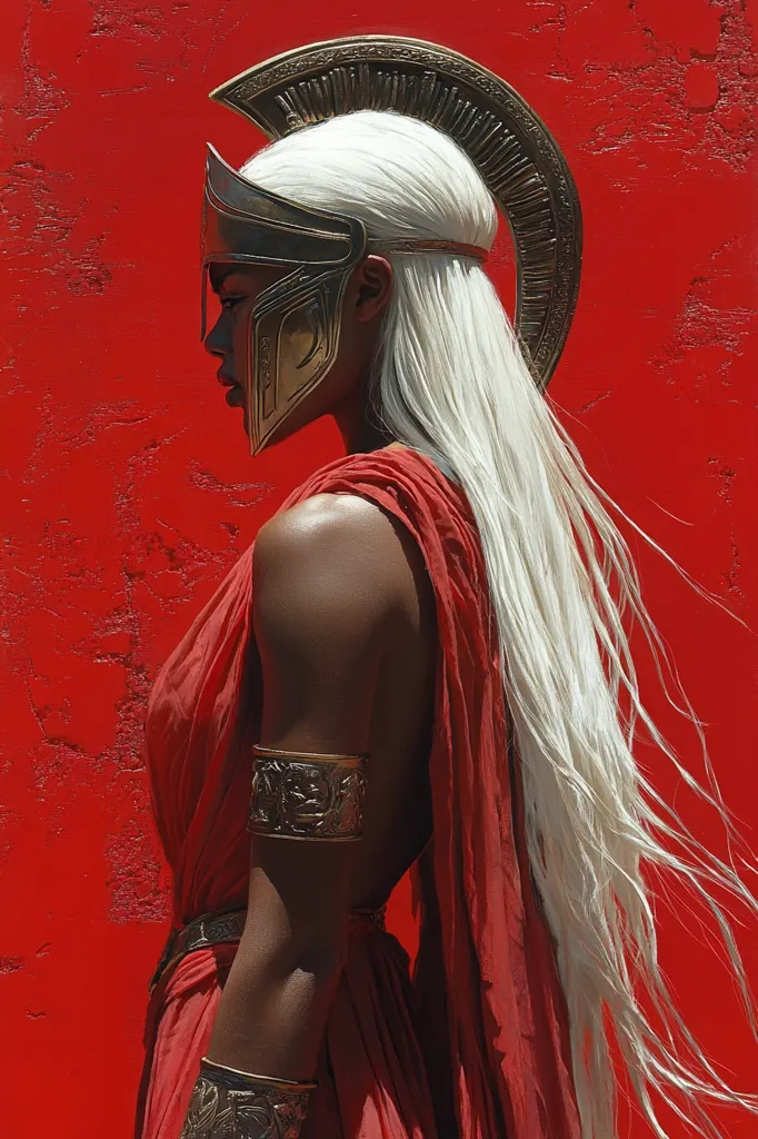 A dark-skinned woman with long, flowing white hair stands in profile against a vibrant red background. She wears a bronze Greek-style helmet and a flowing red gown, accessorized with ornate metallic armbands. The image evokes a sense of strength and regal bearing, possibly depicting a warrior or goddess.  The contrast between the red backdrop and her pale hair and metallic accents creates a striking visual effect.