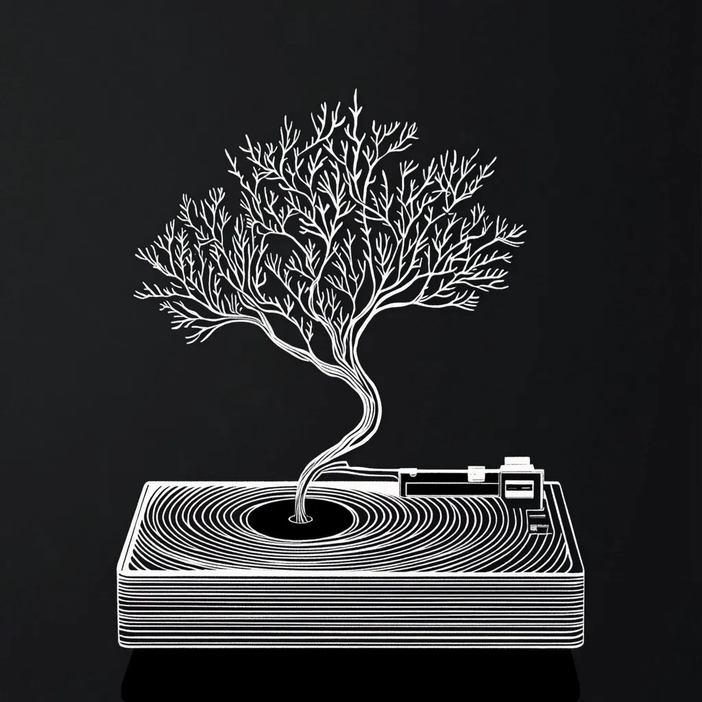 A minimalist illustration depicts a barren tree whose branches form a record player's tonearm.  The tree's trunk gracefully curves down, the "needle" resting in the center of a meticulously lined vinyl record.  The stark white design against a black background creates a striking visual contrast, suggesting a connection between nature and music.