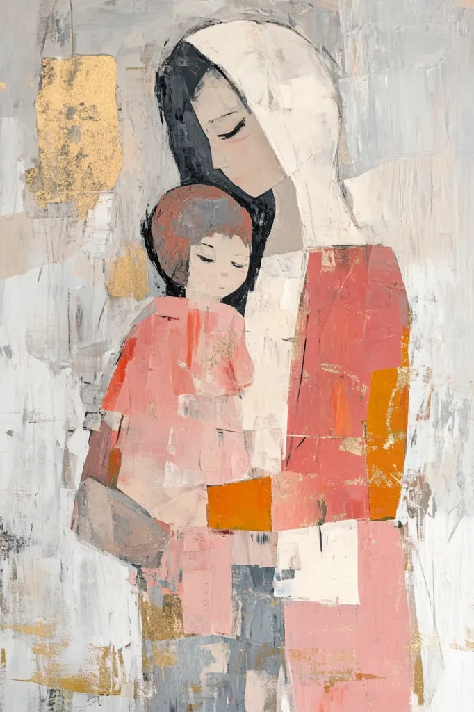 An abstract painting depicts a mother and child in muted pinks and whites. The mother, veiled in white, holds her child close.  Their forms are suggested through blocks of color and texture, creating a feeling of warmth and intimacy.  Gold accents are subtly incorporated into the background, adding a touch of elegance. The style is expressive and modern, emphasizing emotion over precise detail.