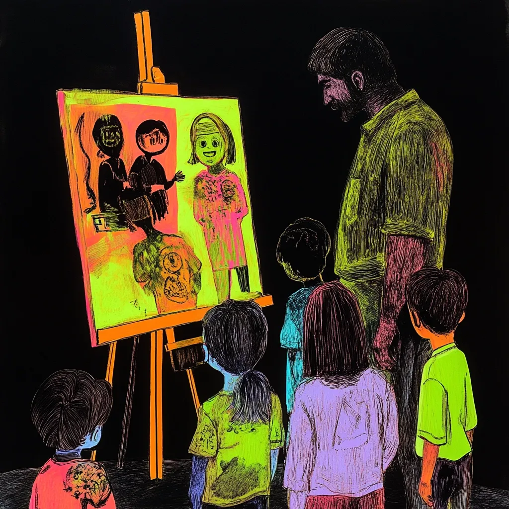 A vibrant, neon-colored artwork depicts a man showing a painting to a group of children.  The painting features stylized figures, possibly a family, in bold colors against a contrasting background. The children, with their backs to the viewer, appear captivated by the artwork and the man's explanation. The overall style is expressive and slightly surreal, reminiscent of children's book illustrations. The dark background emphasizes the bright, luminescent colors of the scene.
