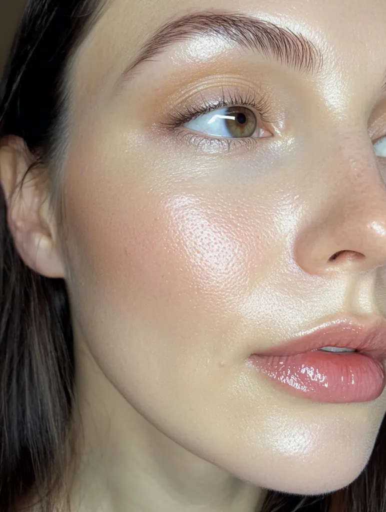 Close-up of a woman's face showcasing a dewy, radiant makeup look.  The focus is on her eye, featuring a soft, peachy eyeshadow and subtle eyeliner, complemented by a glossy, nude-pink lip.  Her skin appears luminous with a highlighted complexion, emphasizing a natural, glowing aesthetic.  The overall impression is one of soft beauty and effortless elegance.