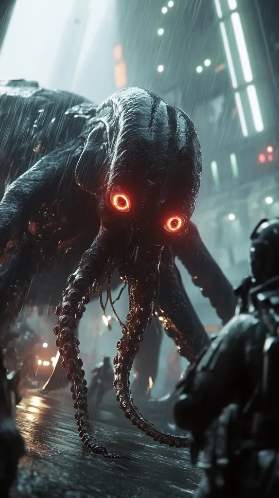 A monstrous, dark-colored creature with glowing red eyes and multiple tentacles dominates a rain-soaked urban scene.  The creature, reminiscent of an octopus or squid, looms large, its wet form glistening under the downpour.  In the background, blurry figures suggest human-like soldiers or civilians, dwarfed by the imposing alien presence. The atmosphere is tense and ominous.