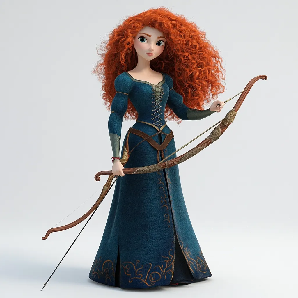 Merida, from Disney Pixar's Brave, is depicted in a 3D render.  She stands poised with a longbow, her fiery red curls cascading down her back.  Clad in a teal gown adorned with gold detailing, Merida exudes strength and determination, reflecting her independent and rebellious spirit.  The background is a simple, light grey, focusing attention on the princess and her archery skills.