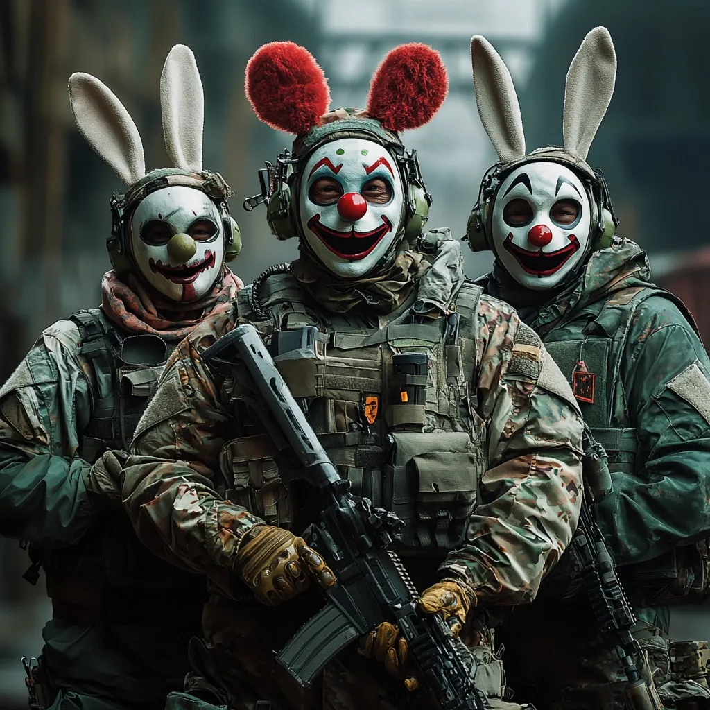 Three soldiers in camouflage gear stand close together, their faces obscured by masks.  The central soldier wears a clown mask with bunny ears, while the flanking soldiers wear similar bunny masks with a sinister grin. They are armed with assault rifles, creating a striking and unsettling image of masked soldiers. The background is a blurred, urban scene.
