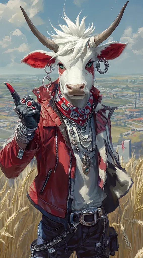 A stylized anthropomorphic cow, with white fur and red markings, sports a red leather jacket, multiple necklaces, and fingerless gloves.  The cow's expression is assertive, its finger pointed, suggesting a confident and perhaps rebellious attitude. The background features a field of wheat and a distant industrial landscape, creating a juxtaposition between nature and urban environments.  The overall style is fantastical and slightly edgy.