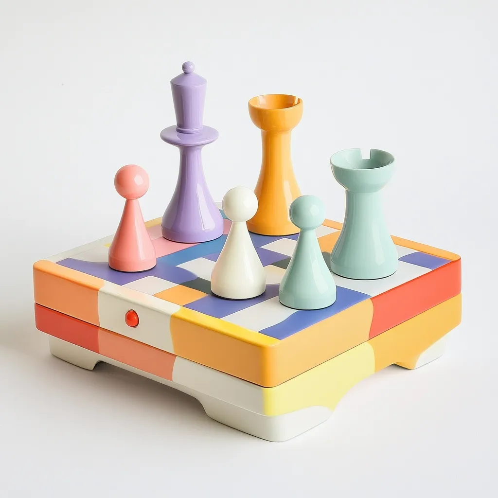 A colorful, modern chessboard game set is displayed.  The board features a geometric, multi-colored design in pastel shades of orange, yellow, purple, and blue.  The chess pieces are similarly colored, with simplified designs. The game is compact and appears to be designed for portability, possibly for children or casual play.  A small red button is visible on the side of the board.