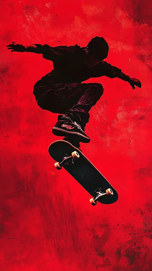 A silhouetted skateboarder executes an aerial maneuver against a vibrant red backdrop.  The skater's form is dynamic, showcasing mid-air control and skill. The red background, textured with brushstrokes, adds a dramatic and energetic feel to the image, emphasizing the power and movement of the skater. The overall composition is visually striking, a bold blend of action and artistry.