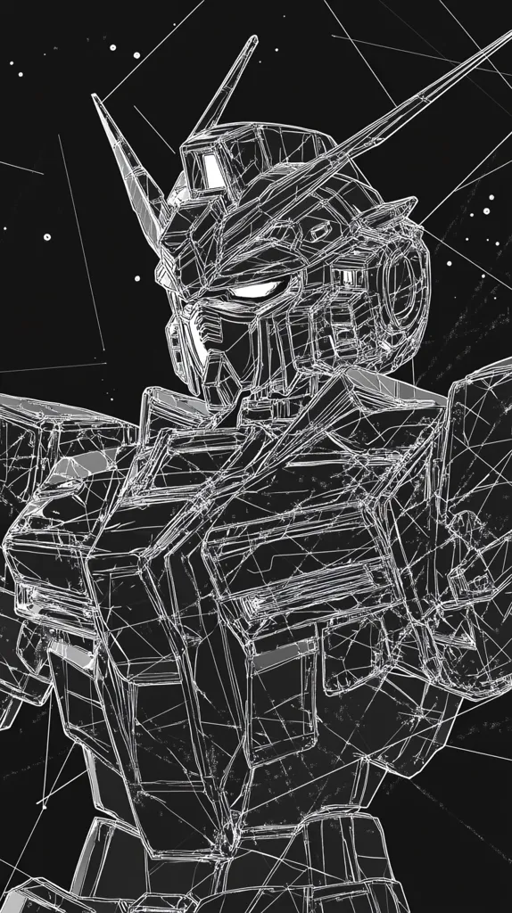 A stylized monochrome image depicts a mecha, possibly a Gundam, rendered in a wireframe aesthetic.  White lines trace the robot's complex form against a dark background speckled with white points, suggesting stars or digital noise.  The detailed head and upper torso are prominently featured, conveying a sense of power and technological intricacy. The overall effect is one of both mechanical precision and artistic abstraction.