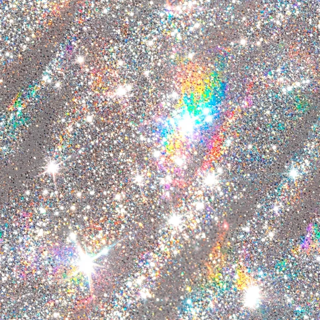 A shimmering, silver glitter background with iridescent sparkles.  The texture resembles a galaxy, with bursts of rainbow light scattered across the surface.  The overall effect is bright, sparkly, and festive, suggesting a celebratory or glamorous atmosphere.  Tiny flecks of glitter create a dense, luxurious feel.