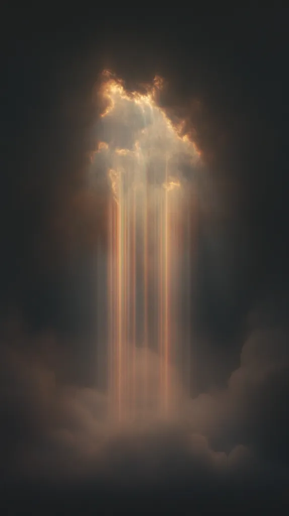 A dramatic image depicts a break in dark clouds, revealing a radiant, golden light.  Vertical beams of light stream downwards, creating a celestial, almost otherworldly scene. The contrast between the deep shadows and the luminous rays is striking, evoking a sense of hope or divine intervention. The overall mood is mysterious and awe-inspiring.