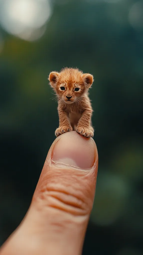 A tiny lion cub, remarkably small, perches delicately on a person's fingertip.  Its tawny fur is soft and its expression is serious. The cub's diminutive size creates a striking contrast against the adult human finger.  The background is a blurred but lush green, providing a natural setting for this heartwarmingly miniature scene.