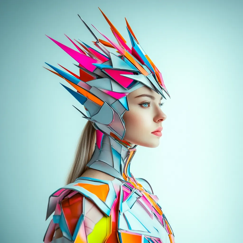 A young woman with blonde hair is shown in profile, wearing a striking, futuristic suit of armor. The suit is primarily white and grey, accented with bright pink, orange, and blue geometric shapes.  The helmet features sharp, pointed protrusions, resembling a stylized crown or crest.  The overall aesthetic is vibrant, bold, and imaginative, suggesting a blend of fantasy and science fiction.
