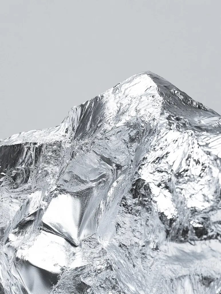 A close-up shot reveals a sculpted form resembling a metallic mountain range.  The surface is highly reflective, exhibiting a crumpled, crystalline texture.  The silvery-grey material catches the light, creating dramatic highlights and shadows that emphasize the sharp angles and irregular forms.  The overall effect is one of stark beauty and textural complexity.