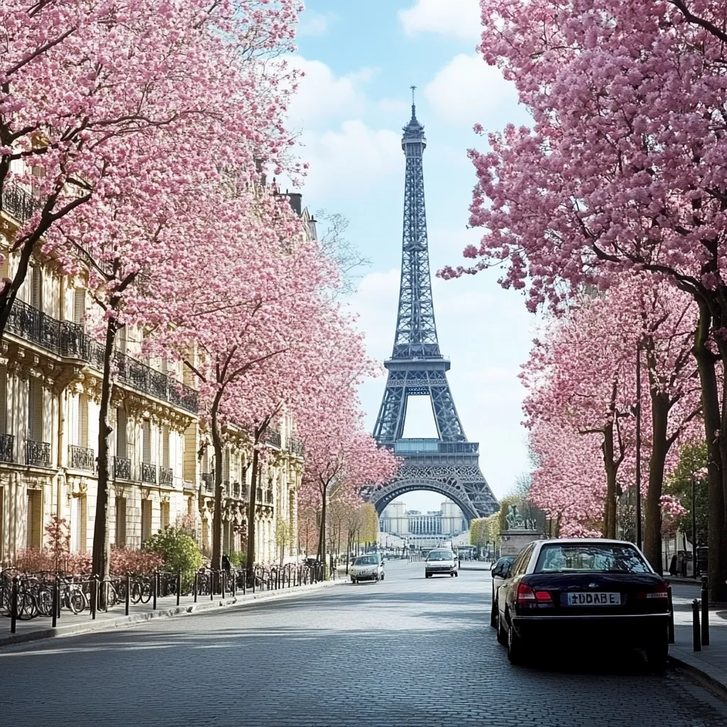 A Parisian street scene unfolds, showcasing the Eiffel Tower in the distance.  Rows of blossoming cherry trees line the cobblestone street, their pink flowers creating a vibrant springtime atmosphere.  Elegant Parisian buildings flank the road, and a few cars are parked or driving along the street. The overall scene is picturesque and idyllic, capturing the beauty of Paris in the spring.