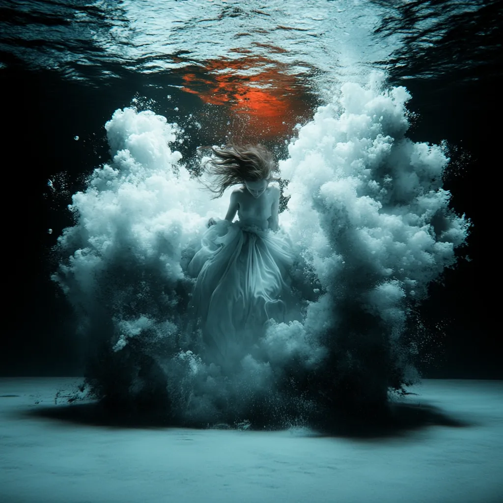 An ethereal underwater photograph depicts a woman in a flowing white gown submerged amidst a churning cloud of white and dark particles.  The scene is dramatically lit, with a reddish glow visible above, suggesting a sunset or other light source. The image evokes a sense of mystery and otherworldliness, possibly representing a dreamlike or surreal moment.