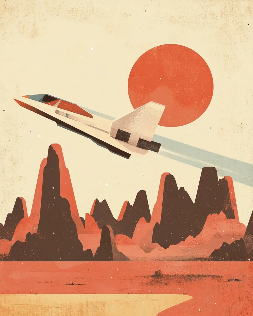 A stylized illustration depicts a futuristic spacecraft soaring above a rugged, red-hued landscape.  The aircraft, rendered in muted tones of cream and brown, leaves a faint contrail against a pale sky.  A large, orange sun dominates the upper right, casting a warm glow over the scene. The mountains are angular and simplified, creating a graphic, almost vintage aesthetic. The overall style suggests a retro-futuristic or science fiction theme.