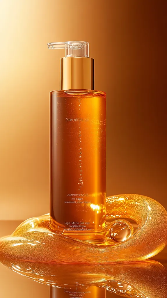 A bottle of Grandideal Armonico 65 serum sits on a golden, liquid-like surface.  The amber-colored serum is housed in a clear bottle with a gold pump top.  The product name and descriptions are subtly etched onto the bottle. The overall aesthetic is luxurious and sophisticated, emphasizing the product's rich, golden hue.