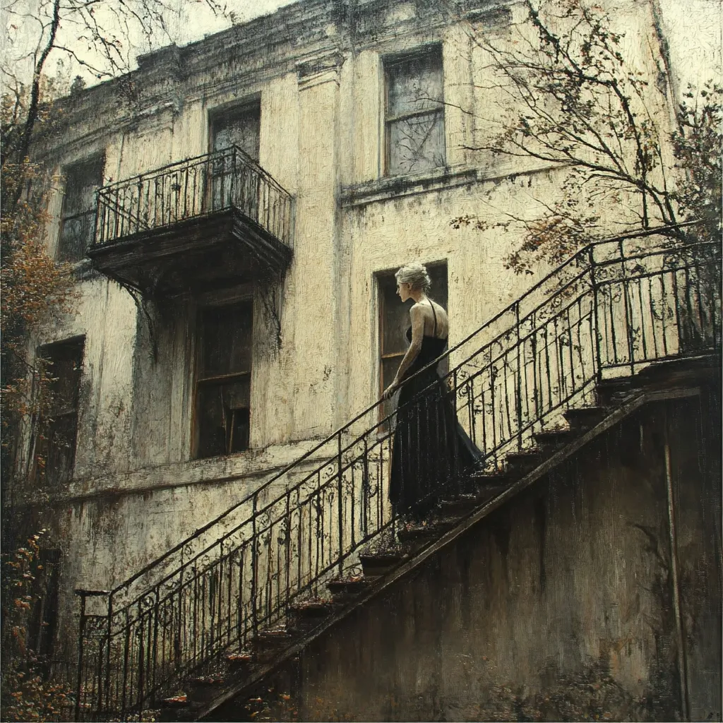 A woman in a black dress ascends a weathered, metal staircase leading to an aged, pale building. The building exhibits signs of decay, with peeling paint and aged windows.  The scene is somber, with muted colors and a melancholic atmosphere enhanced by the bare trees in the background. The overall impression is one of solitude and perhaps a sense of faded grandeur.