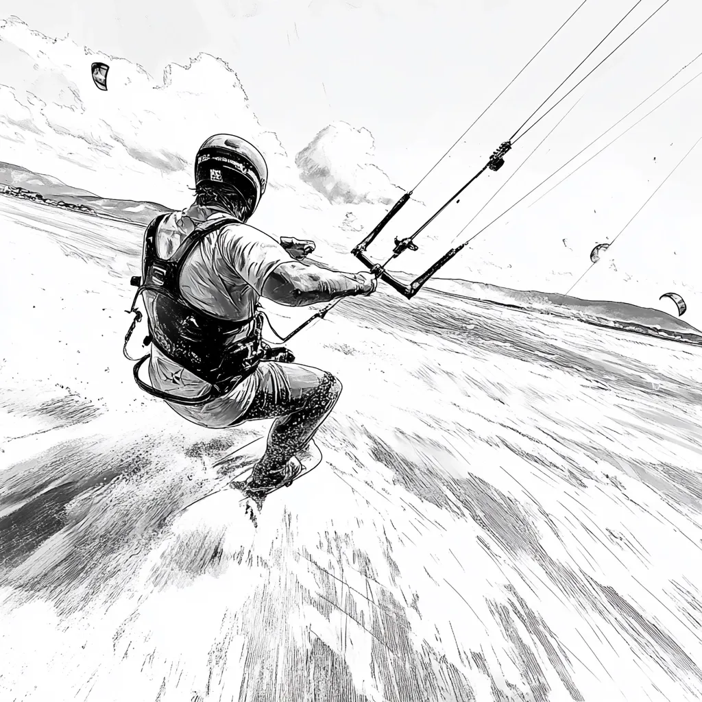 A black and white sketch depicts a kitesurfer in action.  The surfer, wearing a helmet and harness, grips the kite bar, leaning into the force of the wind.  Water sprays around the board as they carve through the waves.  Other kitesurfers are visible in the distance, creating a dynamic scene of exhilarating watersports. The style is expressive, emphasizing movement and speed.