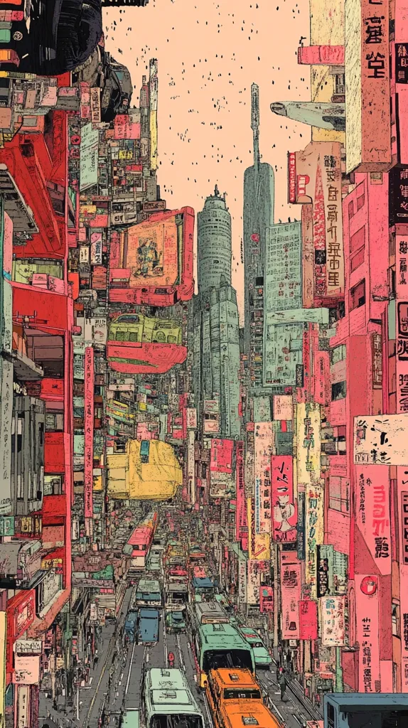 A vibrant, stylized illustration depicts a bustling city street, possibly in Japan.  Tall buildings densely packed with colorful signage and advertisements create a vertically oriented composition.  Numerous vehicles fill the street below, contributing to a sense of urban dynamism. The overall aesthetic is reminiscent of manga or anime, with bold lines and a slightly surreal atmosphere.  Birds dot the pale peach sky above.