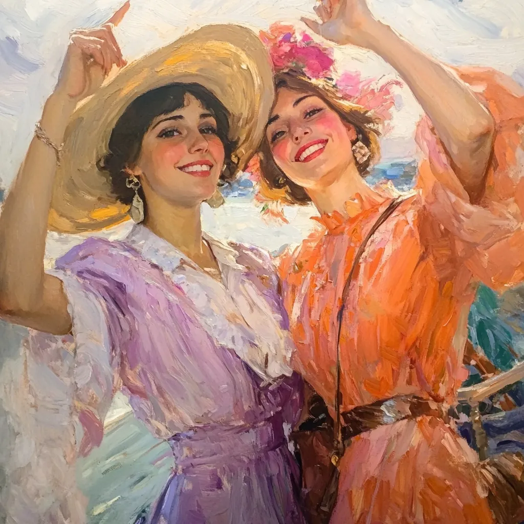 A vibrant oil painting depicts two women, elegantly dressed in pastel-hued summer attire.  One wears a lavender dress, the other a peach-colored gown. Both are wearing large hats and are positioned outdoors, possibly at a seaside location. The artist's loose brushstrokes create a sense of movement and light, capturing a carefree, joyful mood.  The women's expressions are bright and cheerful, suggesting a moment of shared happiness.