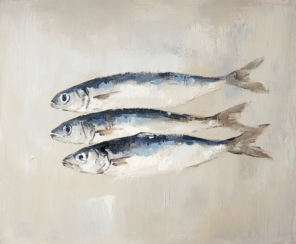 A minimalist oil painting depicts three sardines arranged vertically on a light beige background.  The fish are rendered in muted blues and grays, with visible brushstrokes suggesting texture and movement. The composition is simple and elegant, focusing on the form and arrangement of the sardines against the understated background. The overall style is loose and impressionistic.
