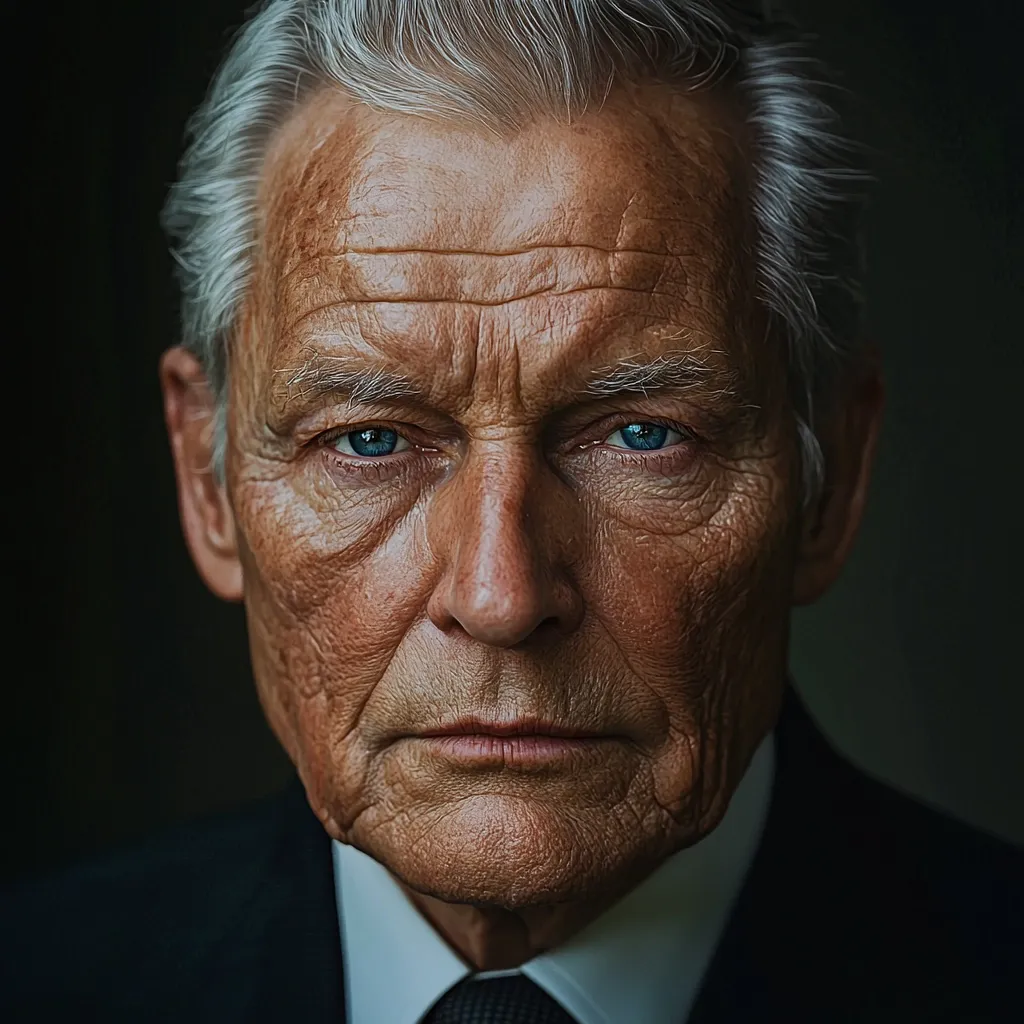 A close-up portrait of an older man with short, gray hair and deep-set blue eyes.  His face shows the texture of age, with wrinkles and lines etched into his tanned skin.  He has a serious, almost stern expression, and is dressed in a dark suit and white collared shirt, suggesting a professional or authoritative role. The dark background focuses attention solely on his intense gaze.